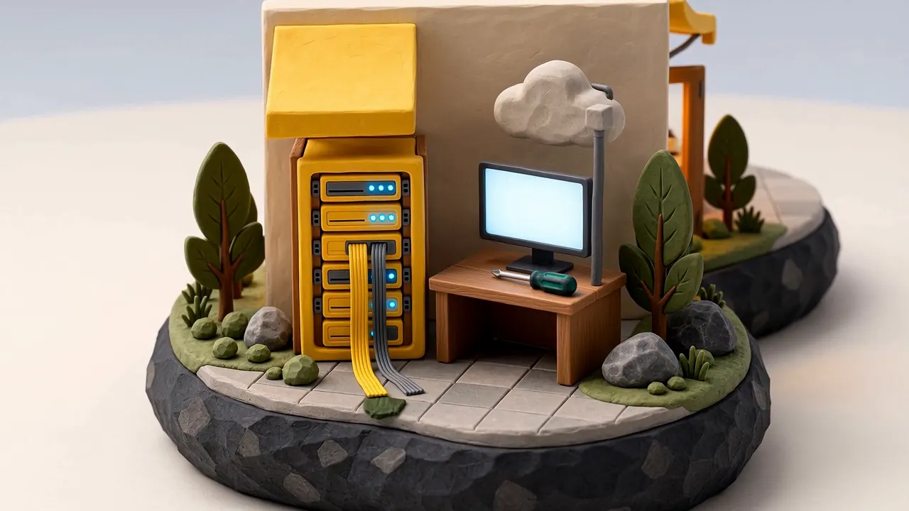 Diorama: a server rack and a screen