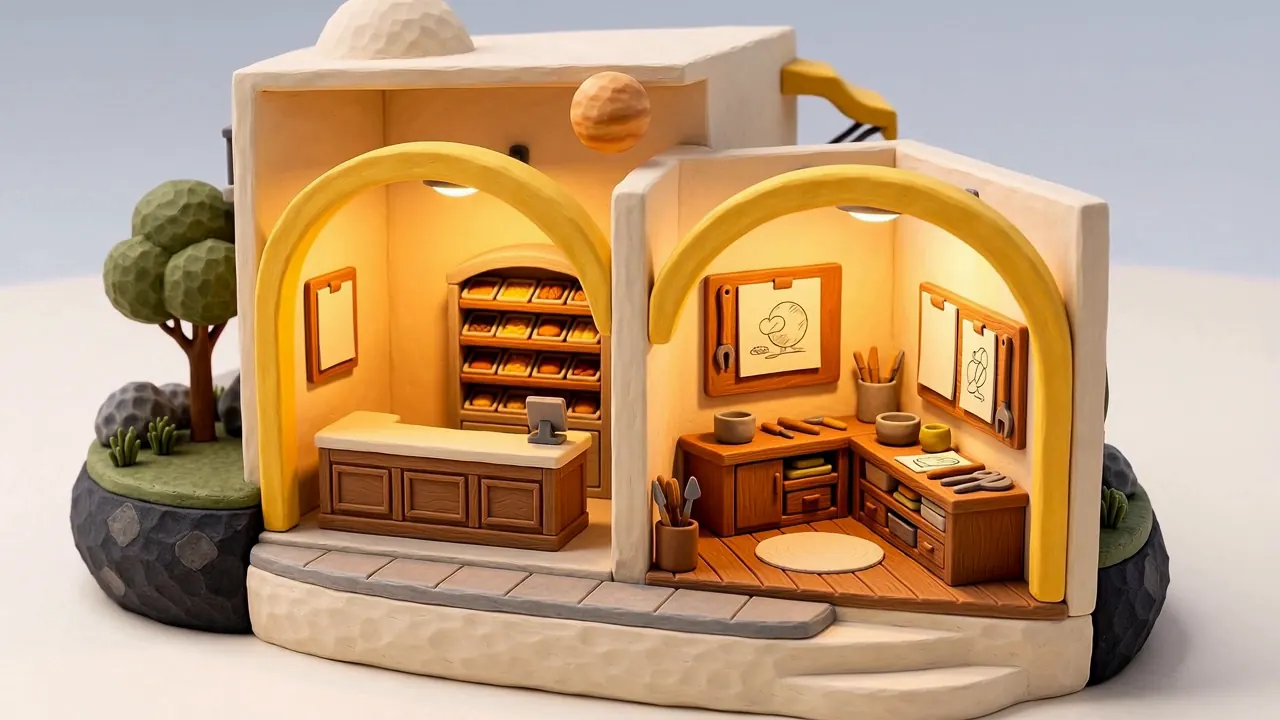 Diorama: two workshops under two yellow arches